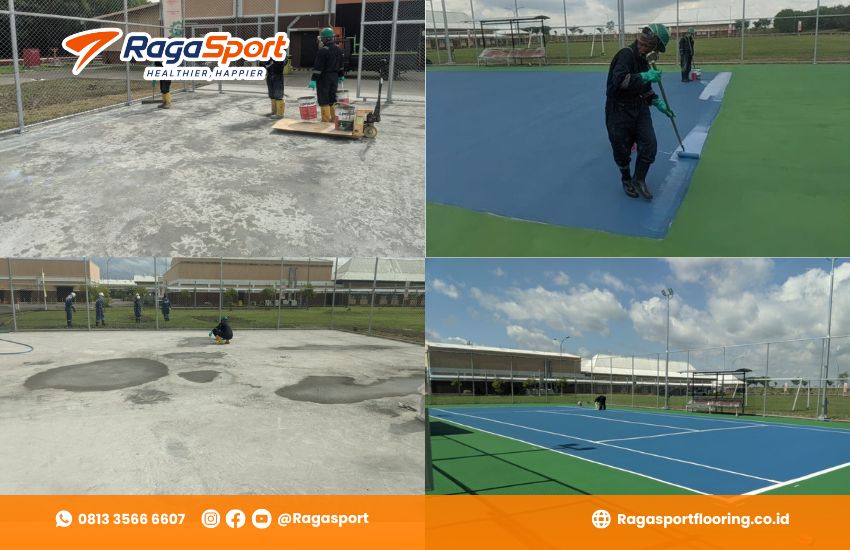 proses pengerjaan pengecatan lapangan olahraga madiun RagaSport